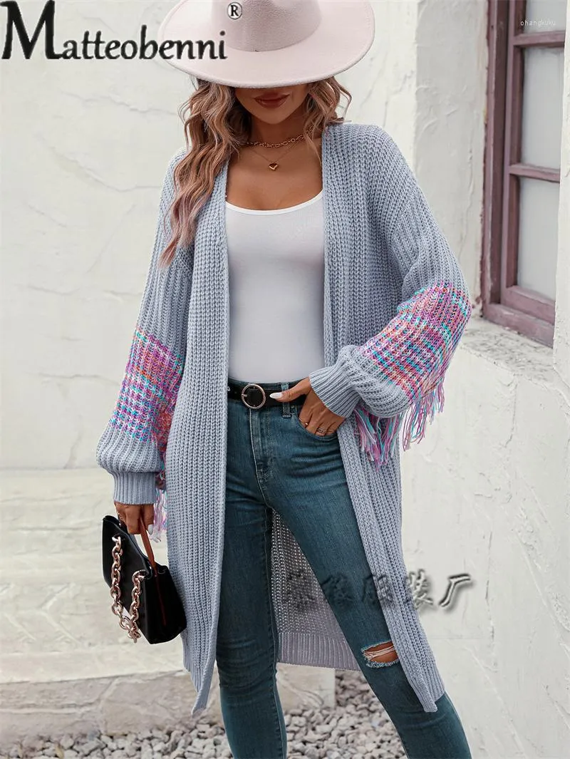 Colorful Tassel Splicing Womens Long Sleeve Cardigan Sweater Sweet