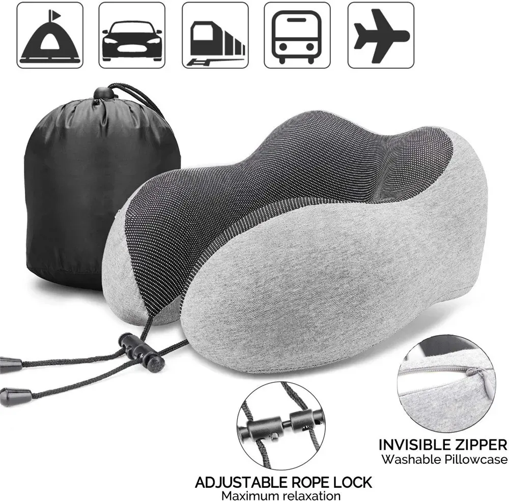 KIMIGO ​​Oreiller De Voyage Ergonomique En Mousse à Mémoire – Coussin De Voyage,Soutien Cervical 360° Réglable Pour Avion/Voiture/Train,Housse Peluche Lavable,Sac,2 Bouchons & Masque Pour Les Yeux