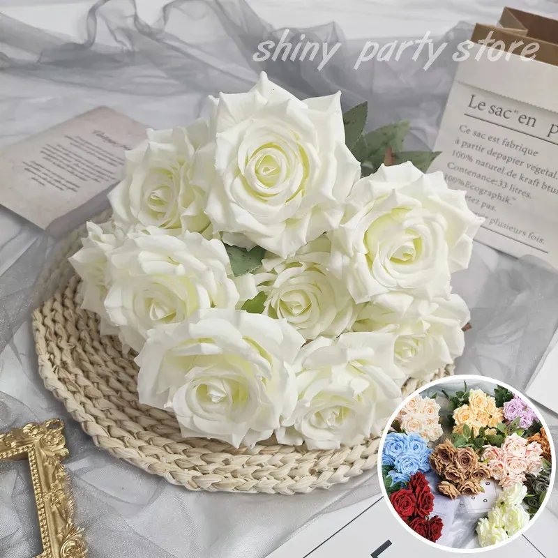 Faux Floral Greenery Simulated 9 Diamond Roses Flowers Arrangement Wedding Corner Rose Autumn Retro White Colorful Artificial Home Decor 231009