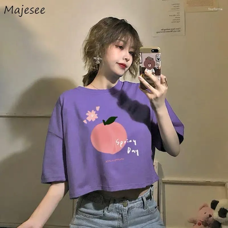 Kadın Tişörtleri Kısa Kollu Tişörtler Kadın Şeftali Deseni Temel Mahsul Kore Stili Kawaii Eğlenceli Kadın Yaz Üstleri Öğrenciler Harajuku İhale