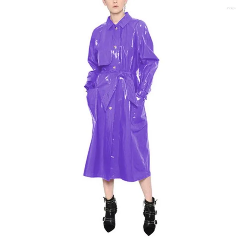 Women's Trench Coats Women Fashion With Belt Vinyl PVC Leather Elegant Chic Turn-down Collar Long Sleeve Pockets Coat Female Wetlook