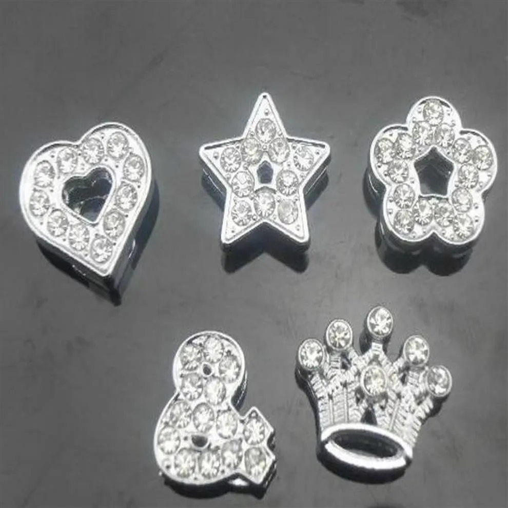 Whole 100pcs lot 10mm mix styles heart star crown & flower full rhinestones slide charms fit for 10MM DIY leather wristband310M