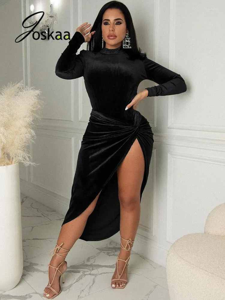 Work Dresses Joskaa Solid Velvet Long Sleeve Turtleneck Zipper Bodysuits Irregular High Split Knot Skirt Matching Winter 2023 Sexy