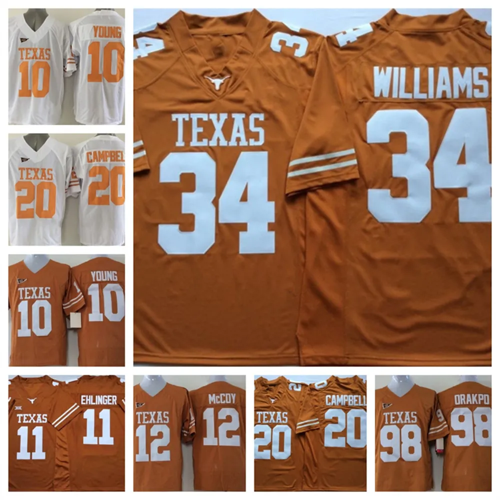 Jersey de futebol do Texas Longhorns em estoque 10 Vince Young 20 Earl Campbell 11 Sam Ehlinger 12 Colt McCoy 34 Ricky Williams 98 Brian Orakpo Jersey Stitched