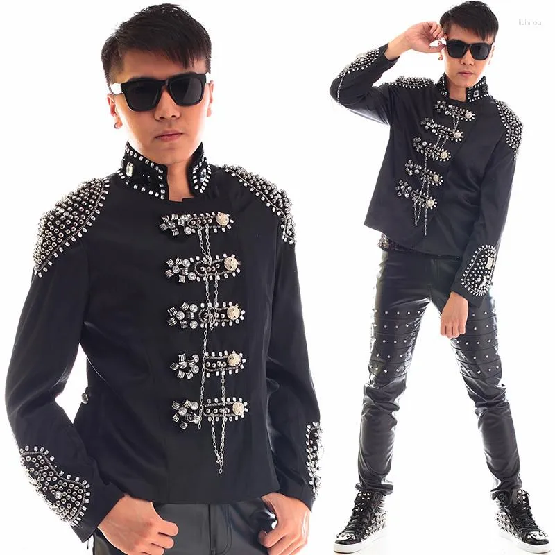 Ternos masculinos homens diamante projetos trajes de palco para cantores lantejoulas blazer roupas de dança jaqueta vestido punk gola preto