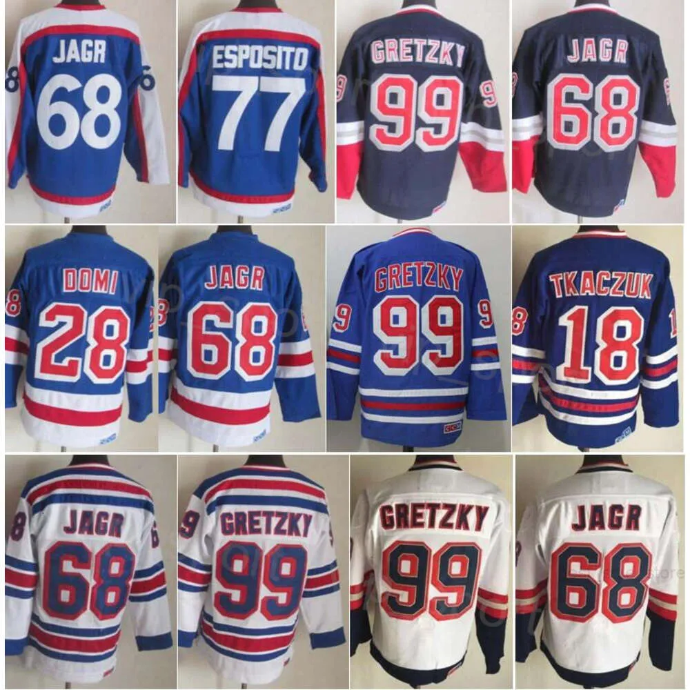 CCM Hockey Retro 28 Tie Domi Jerseys Retire 18 Walt Tkaczuk 99 Wayne Gretzky 68 Jaromir Jagr 77 Phil Esposito 91-92 Vintage Klassiek 75-jarig jubileum Naaien Blauw Wit