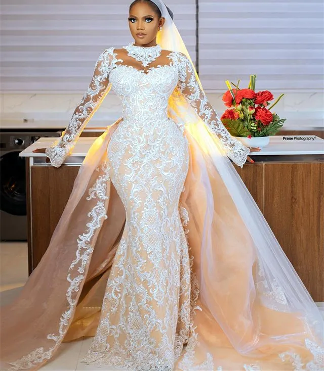 2023 Okt Arabisch Aso Ebi Plus Size Champagner Meerjungfrau Hochzeitskleid Spitze Abnehmbarer Zug Brautkleider Kleider ZJ033