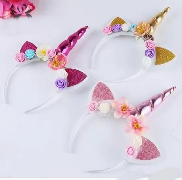 Diadema con cuerno de unicornio arcoíris, diadema de unicornio de gasa para niños, diadema con purpurina, Pascua para fiesta, accesorios para el cabello DIY, 20 unids/lote GA171 12 LL