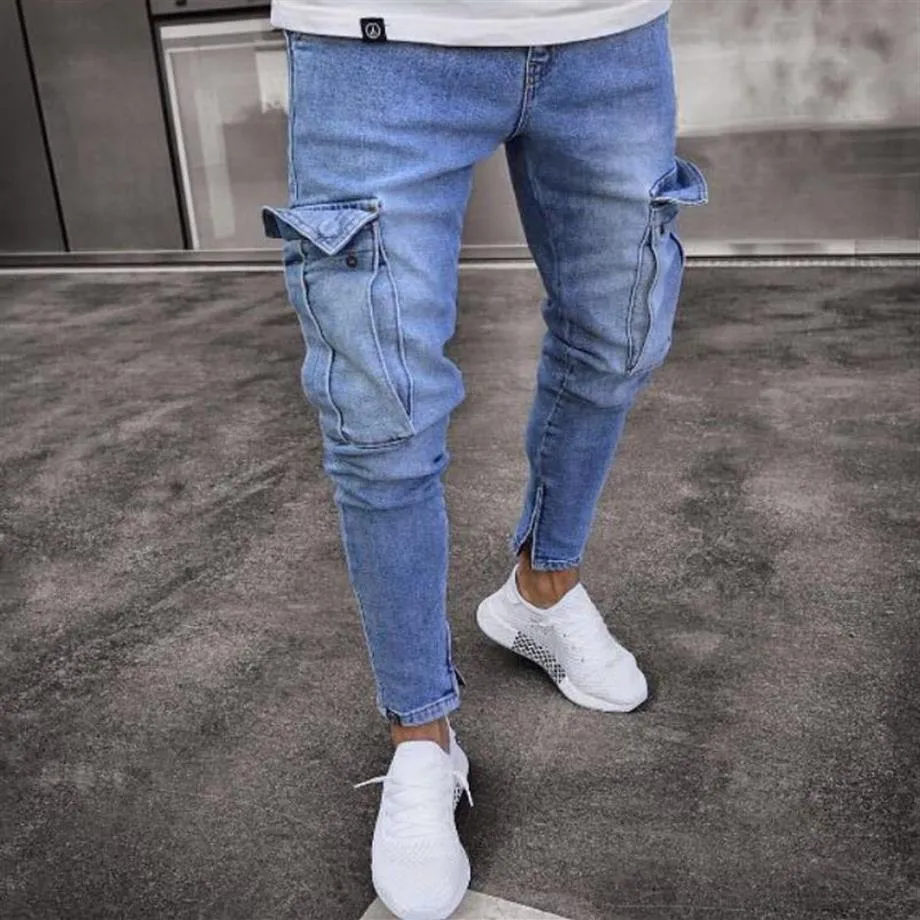 Mens Jeans Ripped Pocket Blue Solid Color Denim Pants Mens Slim Fashion High Street Biker Jeans Male Long Trousers Pencil Pants Je2211