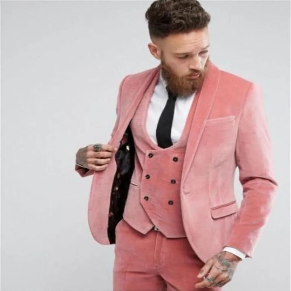 Men-Suits Blazers Pink Velvet Men 3PiecesJacket Pant Vest Tuxedos Custome Homme Terno Slim Fit Party Prom Mens292L