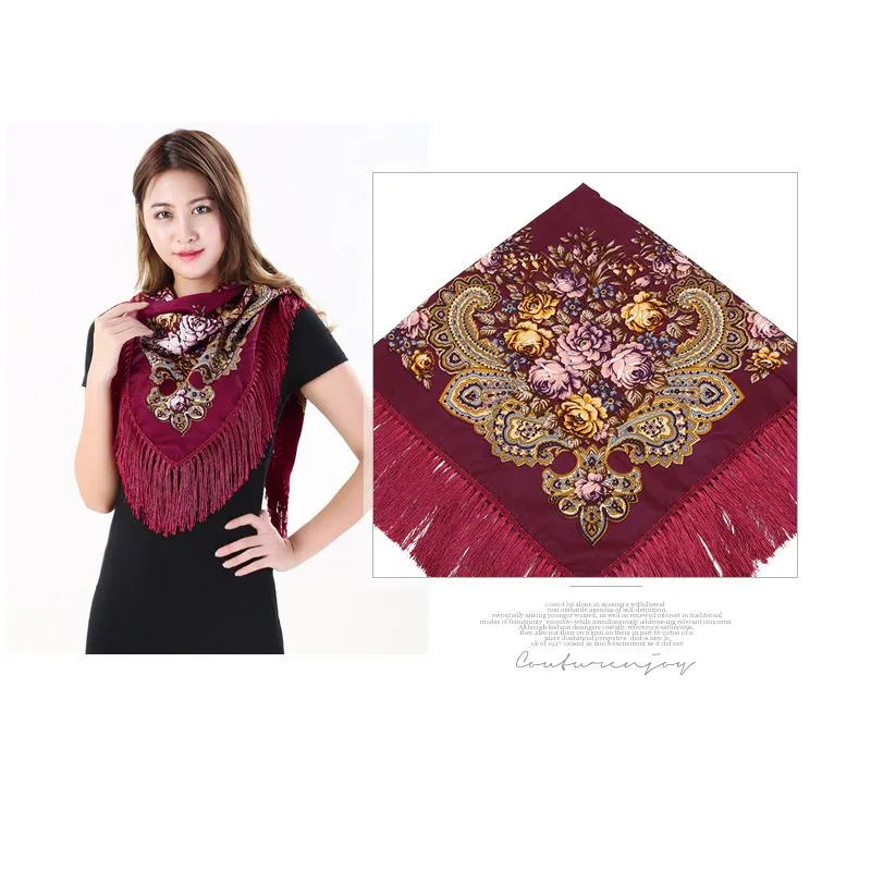 Russische Stil Quaste Große Schals Quadrat Frauen Winter Warme Baumwolle Ethnischen Stil Schal Weibliche Blume Wraps Lange Schals Geschenk