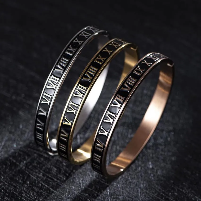 Новый дизайн, браслет-манжета, браслет из нержавеющей стали, эмаль, резьба, римские цифры, пара для мужчин и женщин, Jewelry294l