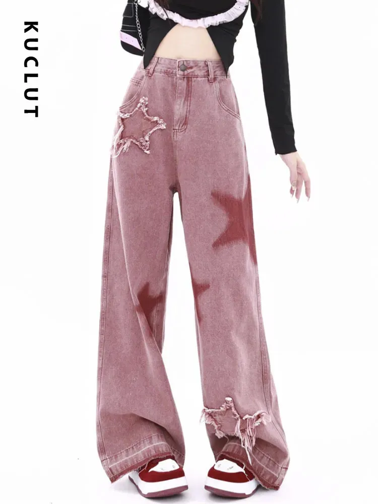 Jean femme KUCLUT Y2k étoile rose femmes Streetwear Baggy Denim pantalon américain Viintage taille haute maman mode 231009