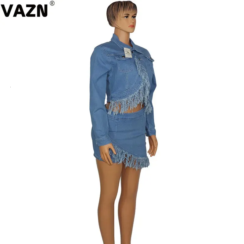 VAZN Blue Tassel Two Piece Womens Casual Outfit Shinny Full Sleeve O Neck Short Skirt Set Back 231009 From Tubi01 25.22 DHgate.Com
