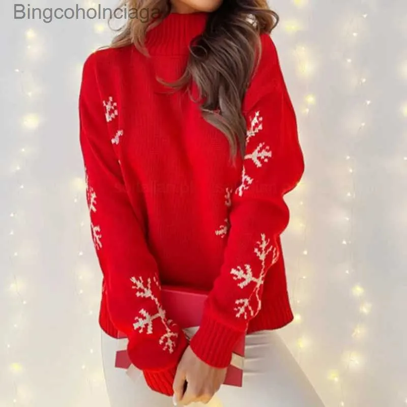 Kobiety swetry kobiety Jacquard Sweter na Boże Narodzenie 2023 Zima ciepłe miękkie dzianiny z długim rękawem Turtleeck Skoczki Snowflake Print Pullover Topsl231010