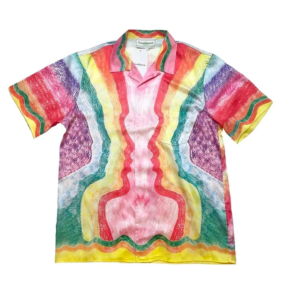 23SS Casablanca Camisa de seda respirável com estampa de arco-íris camisa de manga curta masculina e feminina camisa de praia casablanc