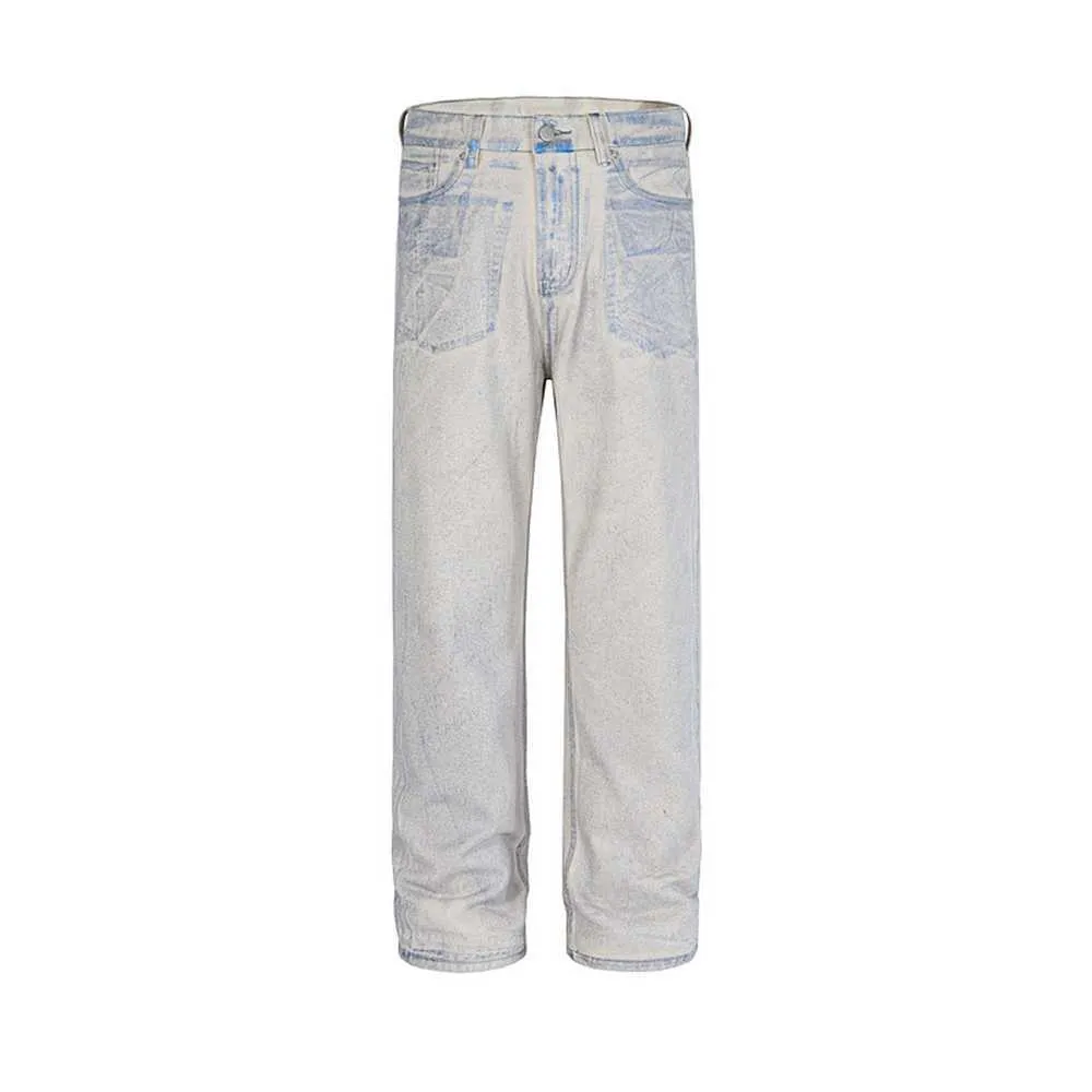 Gaojie Chaopai überfärbte und gestempelte Old Dirty White Straight Barrel Jeans4kq7