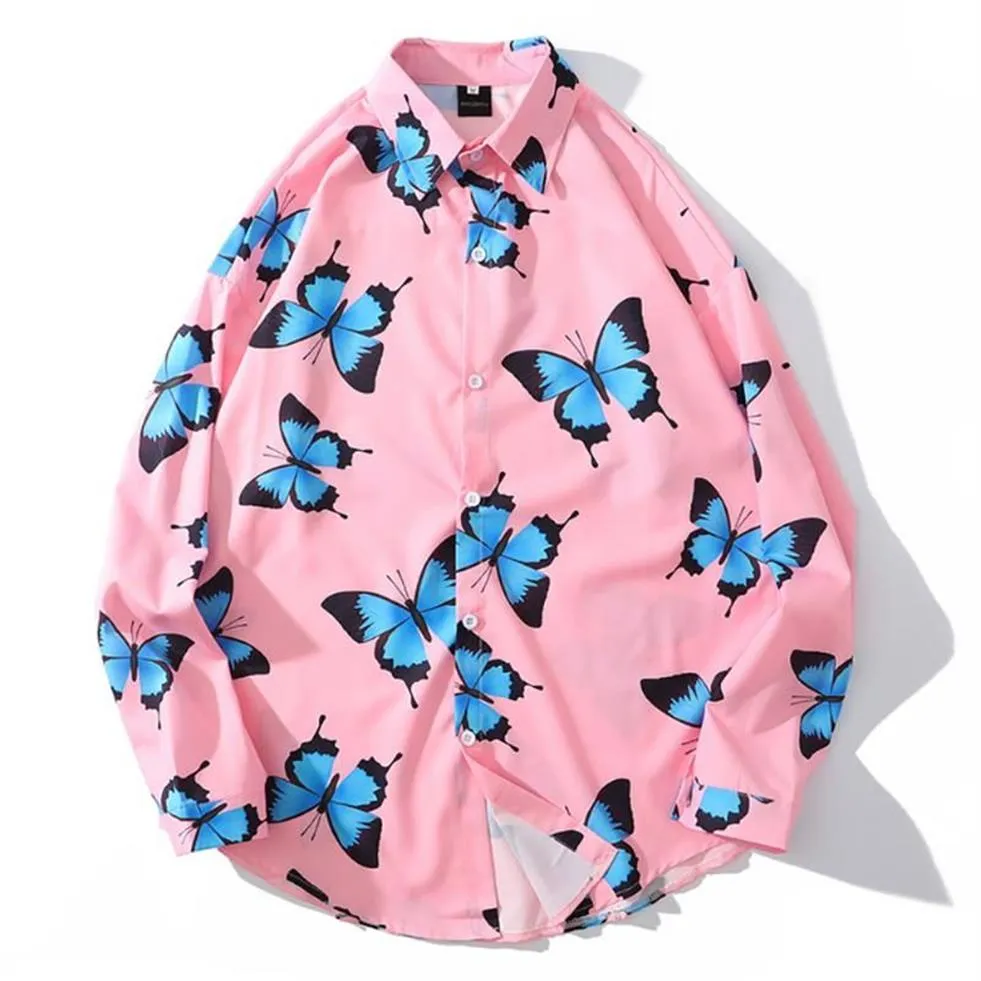 Mens Butterfly Print Hawaii Beach Shirts Harajuku Streetwear 2020 Summer Long Sleeve Blouse Hiphop Unisex Pink Shirts Tops276u