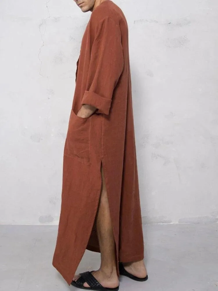 Abbigliamento etnico Moda Vintage Uomo Islamico Arabo Jubba Thobe Manica lunga Tasche solide Vestaglie Arabia Saudita Abaya Abito Musulmano Caftano 5XL