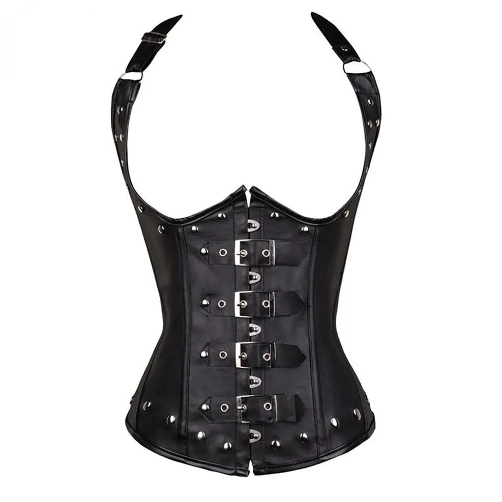 Black Women's Punk Style Spiral Steel Boned Waist Trainer Cincher Shaper Faux Leather Corset Underbust For Party Costumes 825332Z