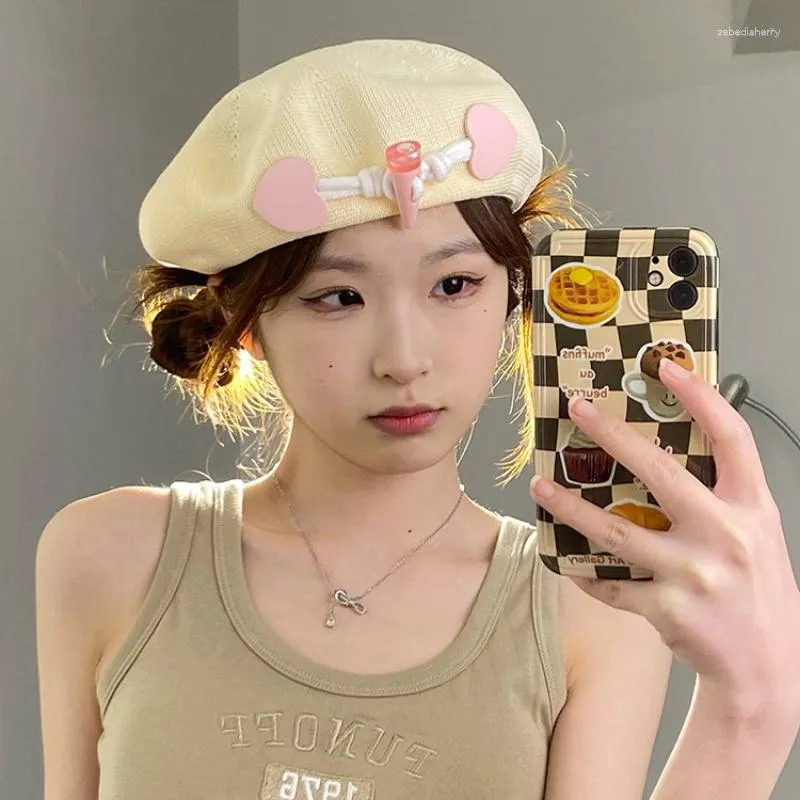 Japanese Y2K Love Horn Buckle Kawaii Beret For Women Breathable Silk