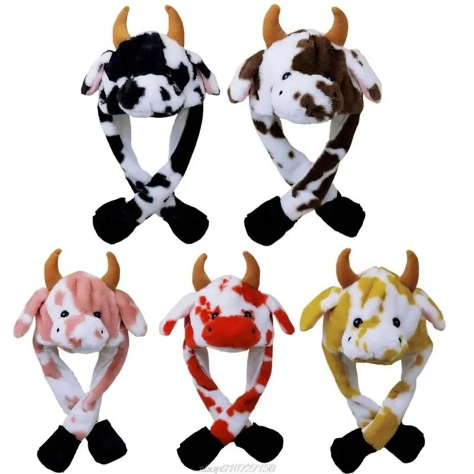 Beanie Skull Caps LED Light Up Plush Animal Hat With Moving Jumping Ears Multicolor Cartoon Milk Cow Earflap Cap Stuffed Toys JY082193