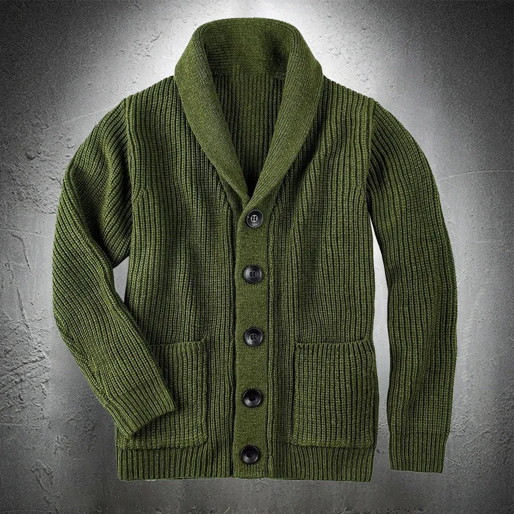 Men's Sweaters Army Green Cardigan Sweater Men Coat Coarse Wool Thicken Warm Casual Fashion Clothing Button Up 231010