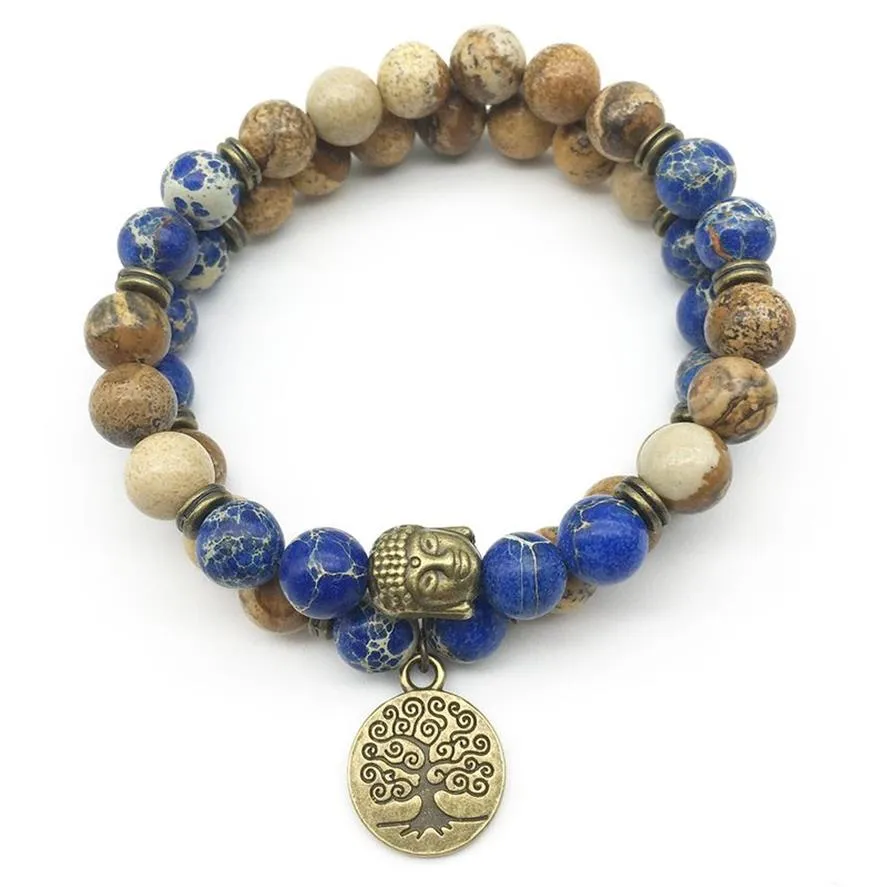 SN1281 Ensemble de bracelets tête de bouddha de créateur tendance, jaspe photo, Bracelet Regalite bleu foncé, arbre de vie, pierre naturelle, bijoux 255W
