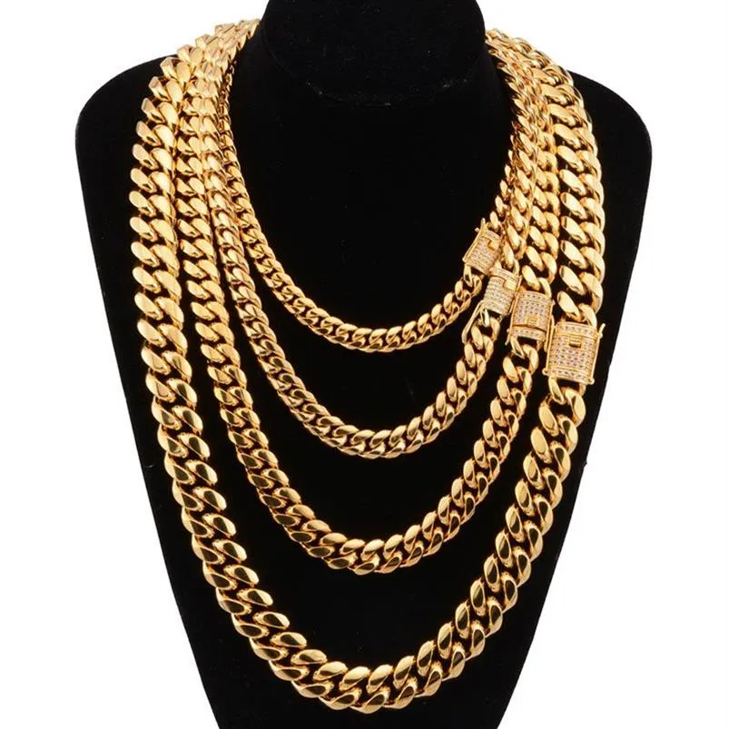 8-18mm wide Stainless Steel Cuban Miami Chains Necklaces CZ Zircon Box Lock Big Heavy Gold Chain for Men Hip Hop Rock jewelry295K