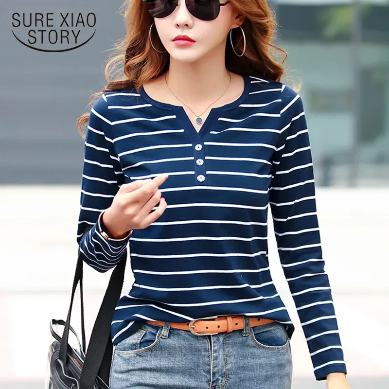 Women's Blouses Shirts Cotton T Shirt Women Long Sleeve Striped T Shirt Fashion 2023 Spring Autumn Female Clothes Top Tee Lady V neck Tops 7215 231009