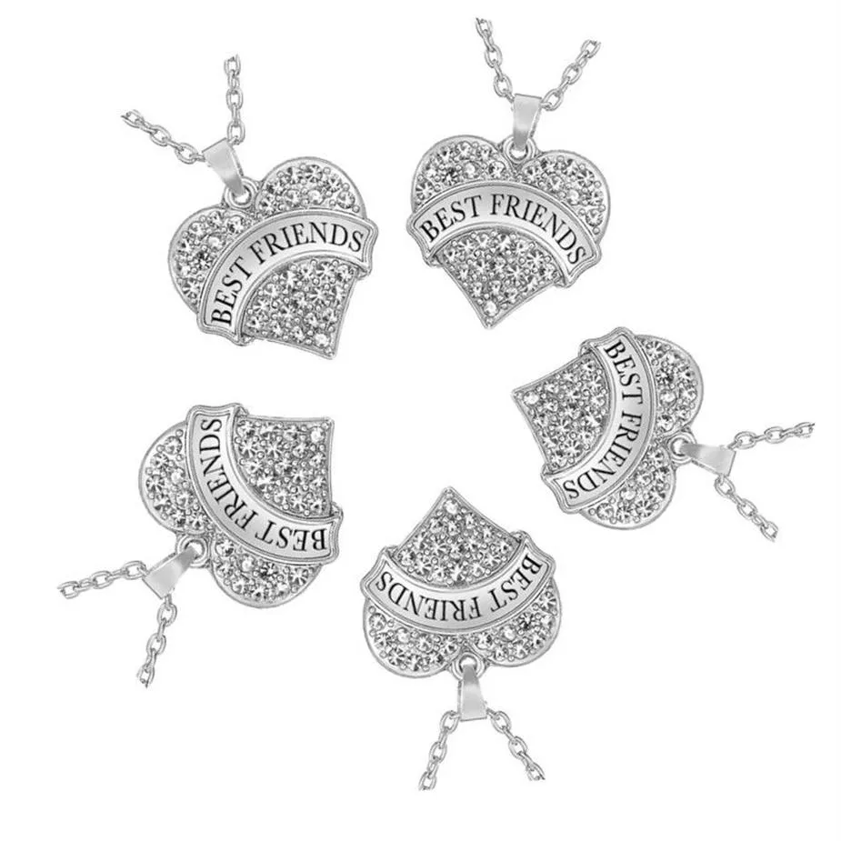 Ensemble de 5 pendentifs en forme de cœur pour amis, strass en cristal argenté, collier BFF pour cinq filles, bijoux fleur de sable 211l