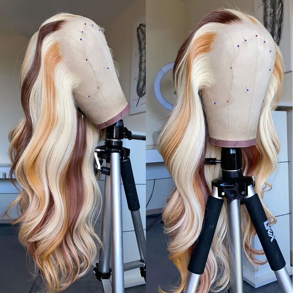 180 Densitet Blond Highlight Wig Human Hair Black Girl 613 HD Spets Frontal Perk 360 Full kroppsvågfärgade syntetiska peruker