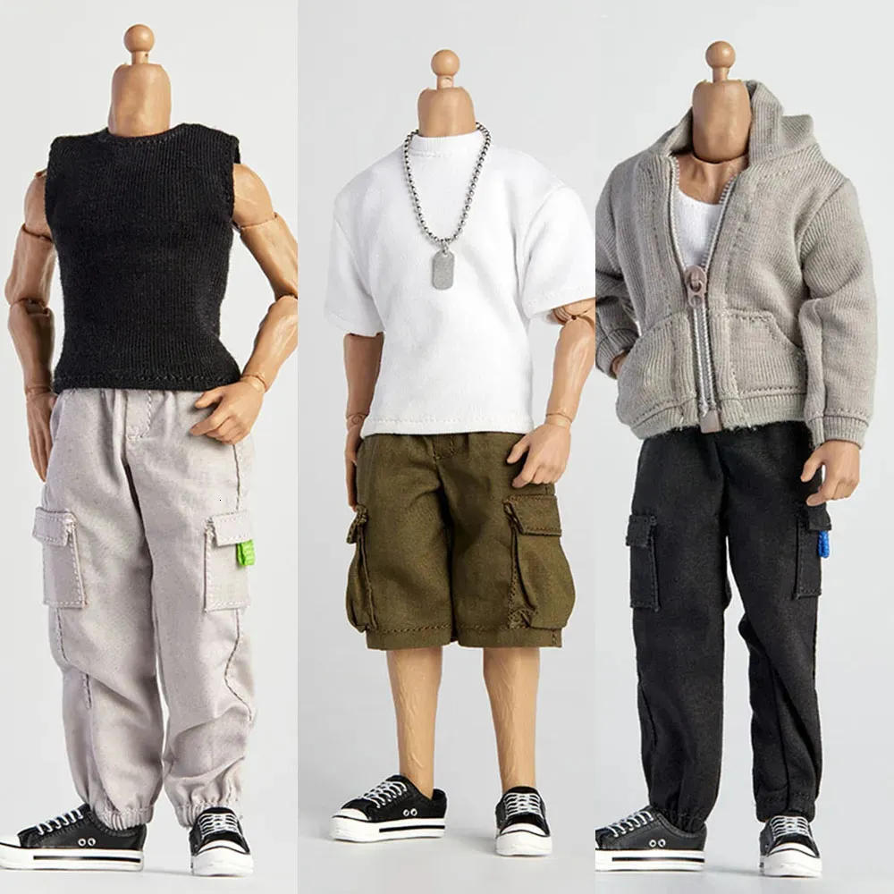 Militära figurer 1/12 Skala Casual Fashion Male Clothes Set Zippered Hoodie Vest Löst korta ärmar T-shirt Shorts Pants Fit 6 "Åtgärd Figur 231009