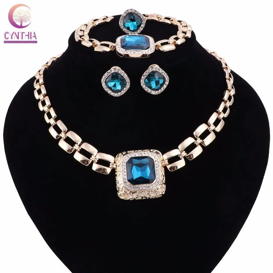 Accessori per feste di nozze Set di gioielli con gemme di cristallo per donne Collana di perline africane Bracciale Orecchini Set di anelli Regalo di Natale341H