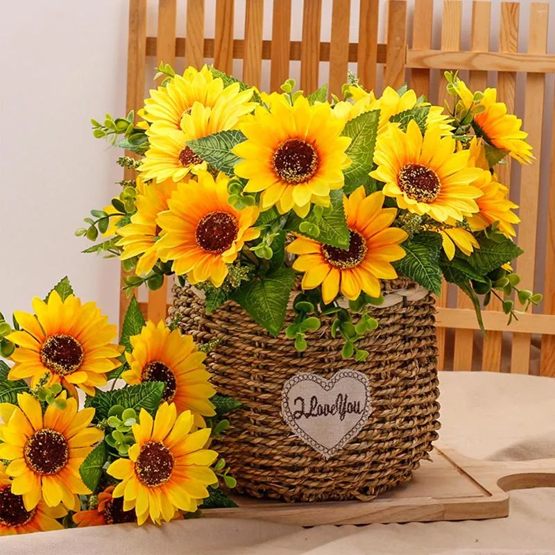 Fleurs décoratives simulées branche de tournesol jaune restaurant réaliste polyvalent en plastique 35x23 cm bureau maison fausse fleur de mariage