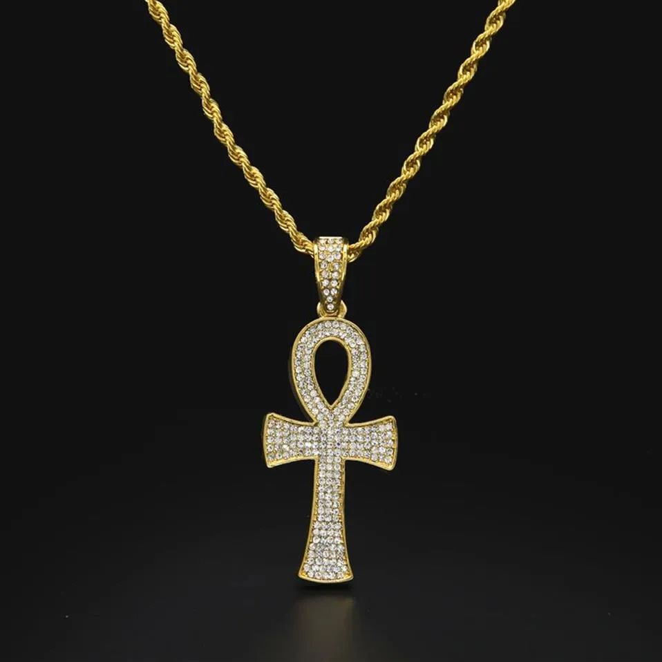 Ankh egiziano Chiave della vita Collana con ciondolo croce placcato oro Collana con ciondolo a catena con strass pieno di lusso Gioielli con ciondolo croce Drop Shippin238S