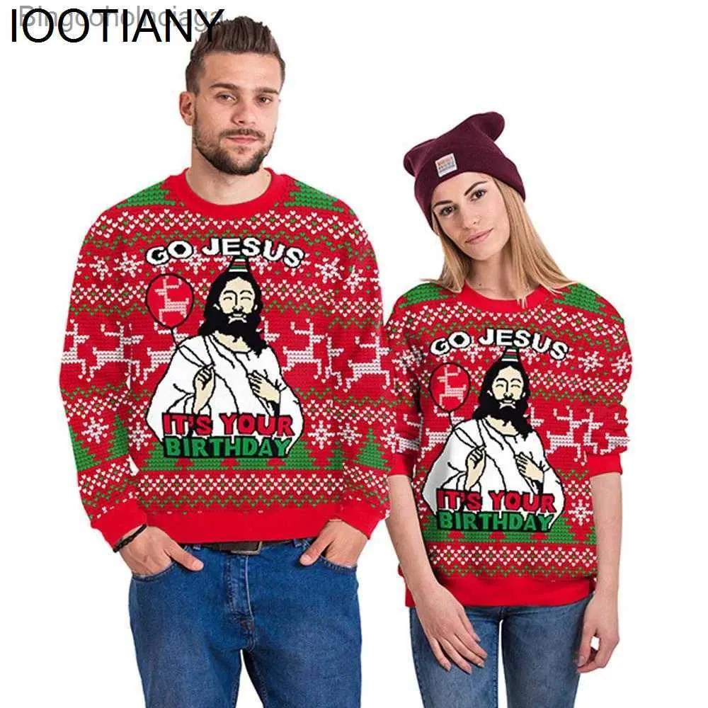 Kvinnors tröjor går Jesus Det är din födelsedag Ful Christmas Sweater Pullover Tacky Xmas Jumper Tops 3D Reindeer Printed Holiday Party Sweatshirtl231010