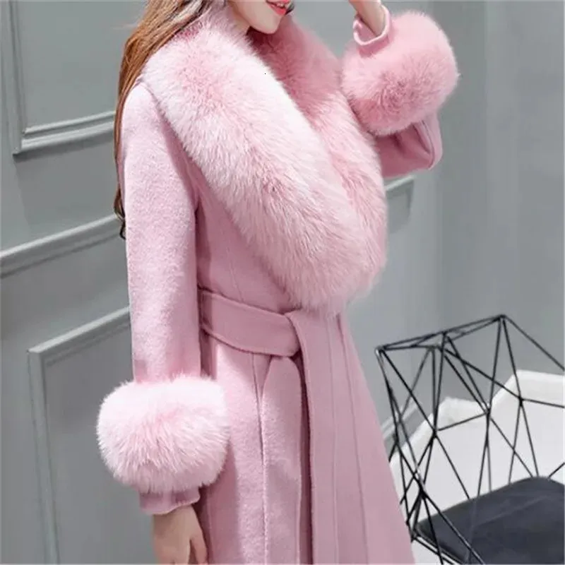 Womens Wool Blends Autumn Winter High End Fashion Coat Slim Was Thin Woolen Faux Fur Collar Midlength Women 231010