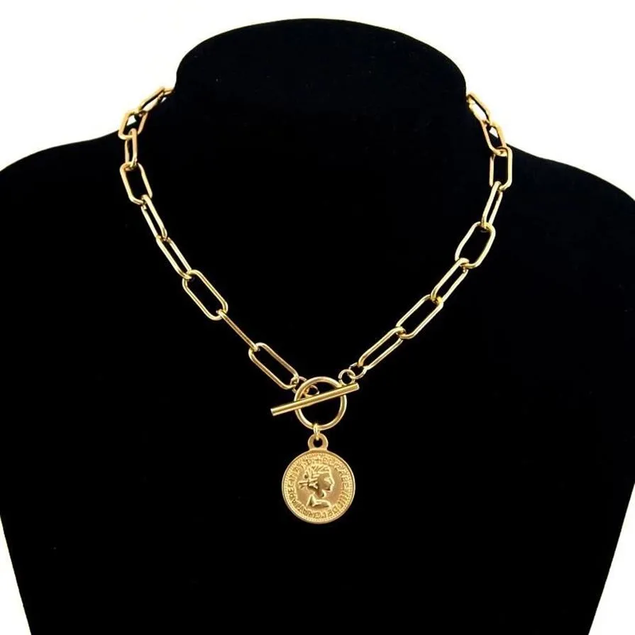 Collane con ciondolo Collana con monete intagliate vintage per le donne Medaglione in acciaio inossidabile color oro Girocollo lungo Gioielli Boho Collier275w