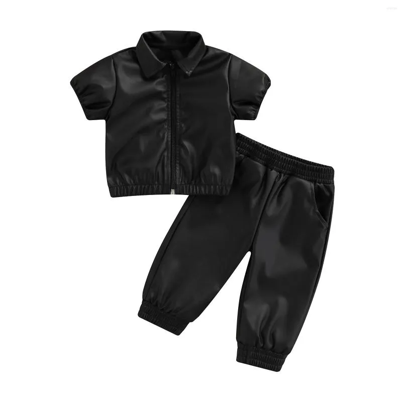 Kläder sätter barn baby flickor pojkar 2 stycken outfit svart kort ärm vridning krage blixtlås läder toppar fasta färg långa byxor set 1-6t