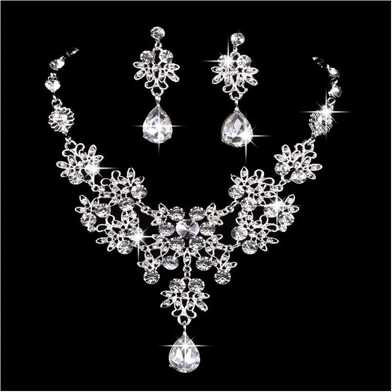 Ensembles de bijoux de mariage 6 couleurs femmes Bling cristal bijoux de mariée ensemble Sier diamant déclaration de mariage collier boucles d'oreilles pendantes pour la mariée Dhf2L