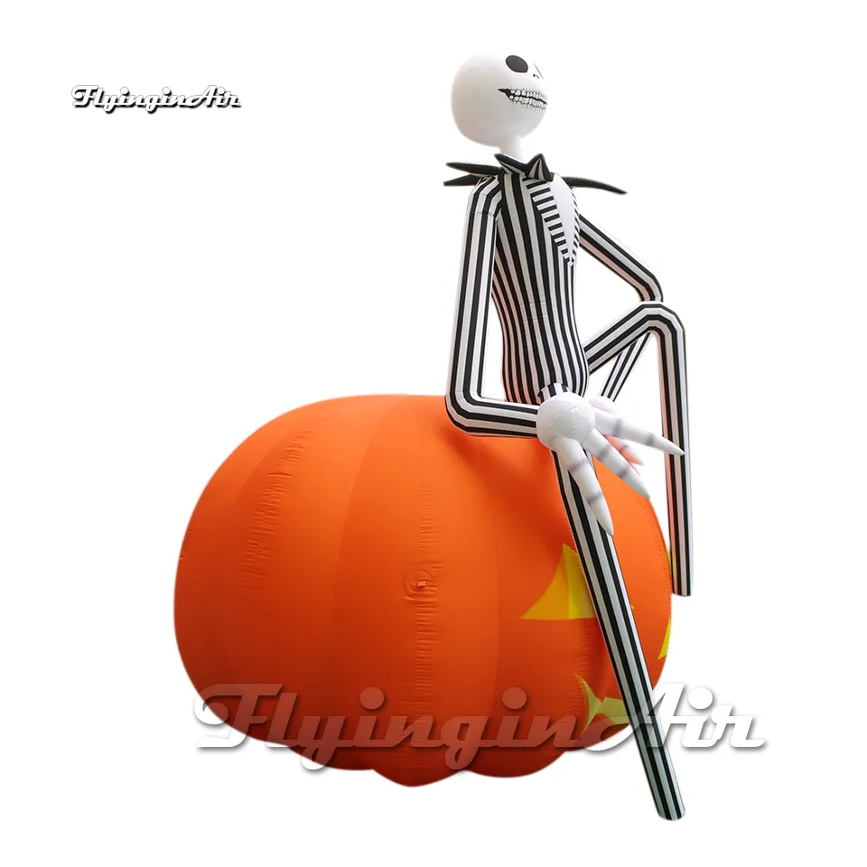 4m Wonderful Artistic Halloween Smiling Inflatable Skeleton Gentleman With Big Pumpkin Balloon For Carnival Party Decoration