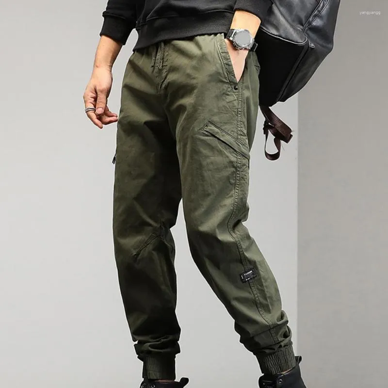 Herrenhose, einfarbig, atmungsaktiv, mittlere Taille, Cargohose mit elastischem Kordelzug, lockere Passform, mehrere Taschen