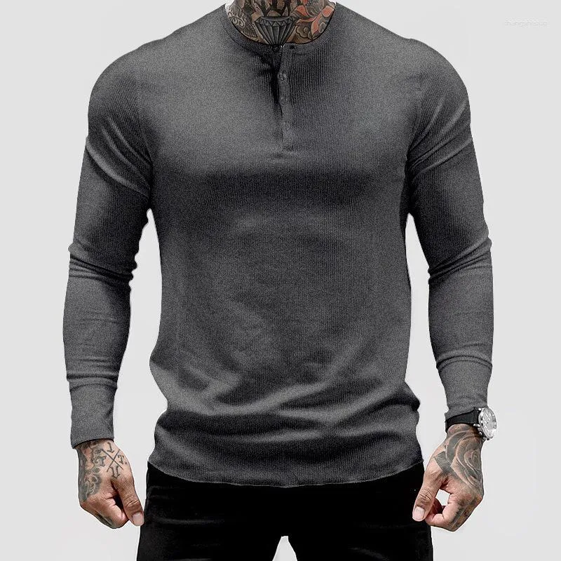 Erkekler Tişörtleri Düz Renk Fitness Uzun Kollu T-Shirt Elastik Rahat Spor Üstü Sonbahar Düğmesi Callor Tshirt Giysileri İnsan İçin