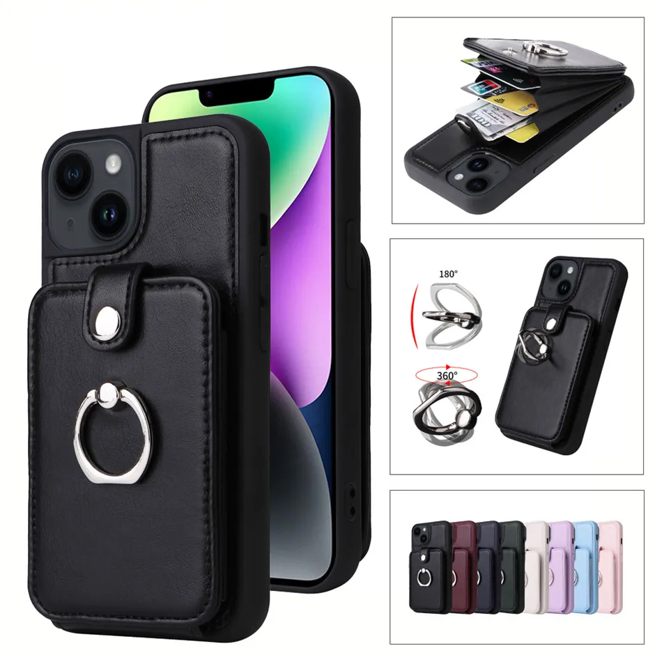 Leather Anti Drop Leather Phone Cases With 3 Card Slot Ring Stand For