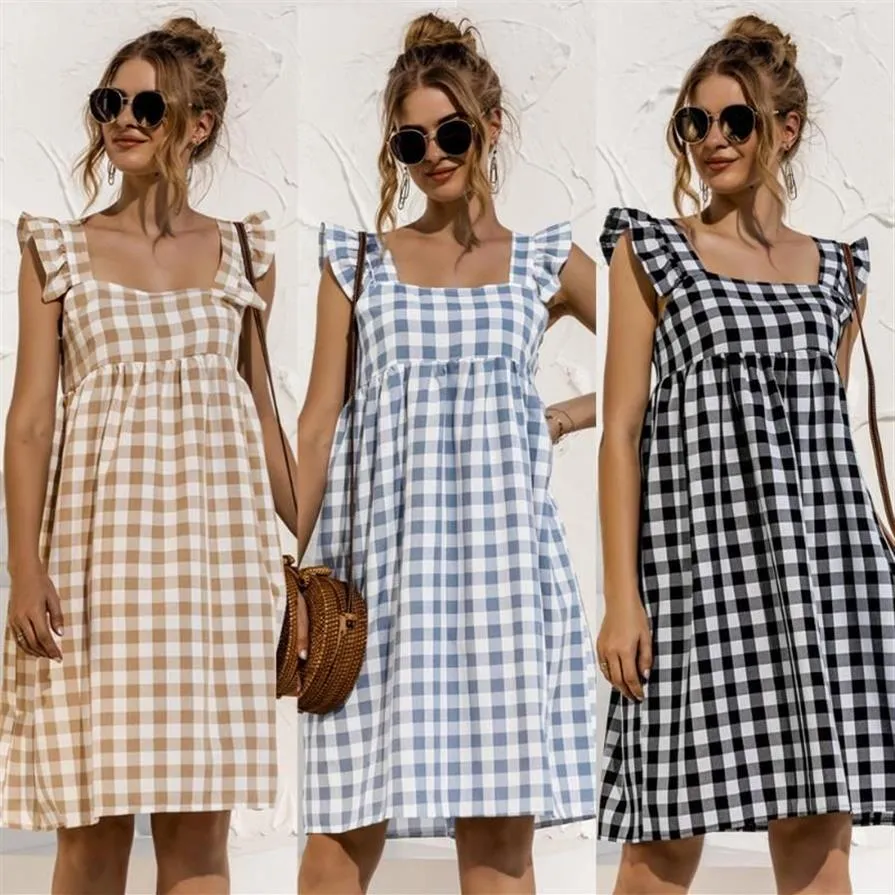 Casual Jurken Zomer Vrouwen Plaid Jurk Vierkante Kraag Vlinder Mouw Losse Sexy Backless Dames Midi Zonnejurk Vestidos285A