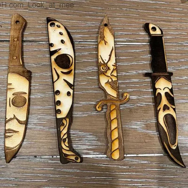 Other Event Party Supplies 4Pcs 20cm Horror Movie Role Knifes Shape Model Decoration Pine Wooden Pendant Christmas Ornament Christmas Halloween Art Decor Q231010