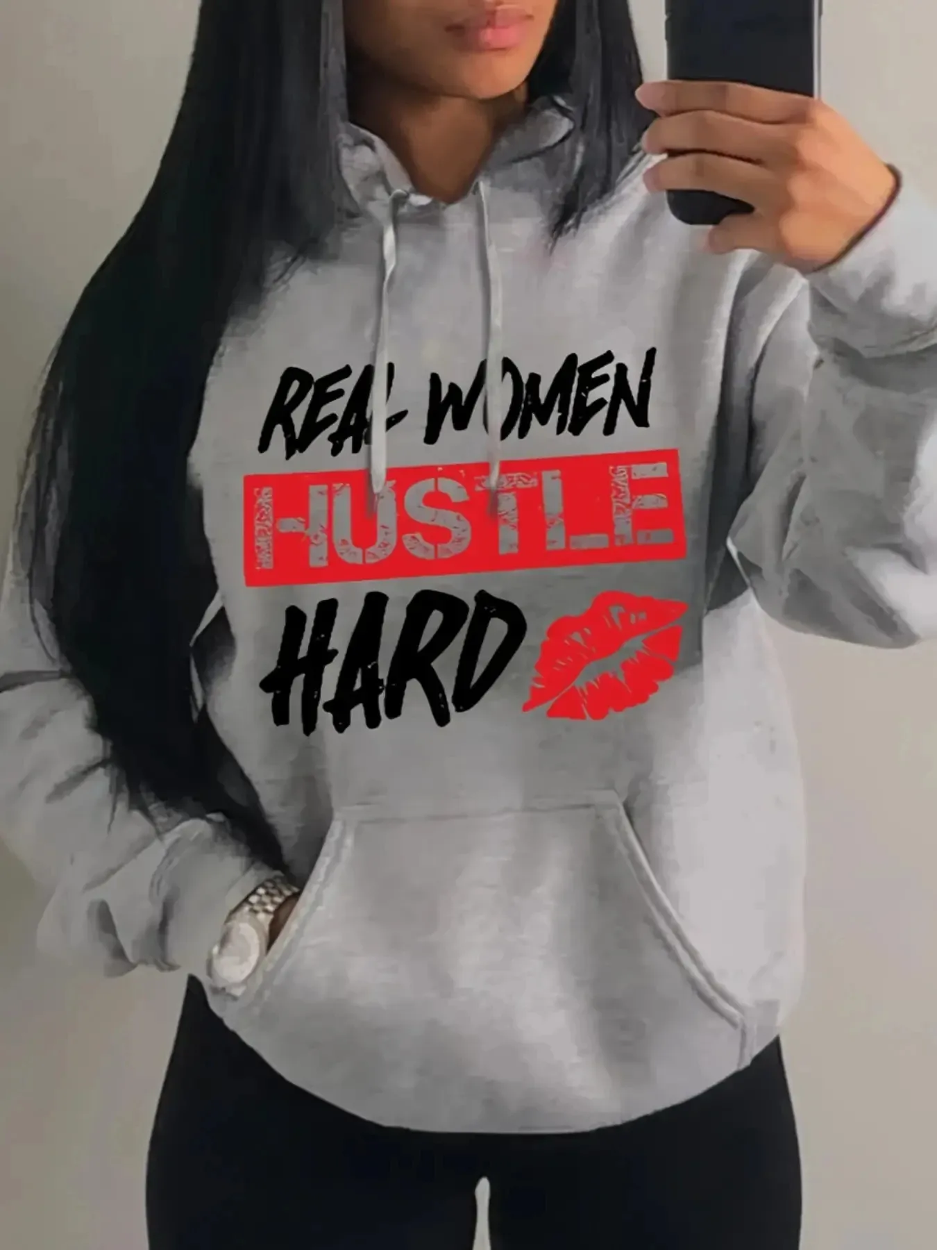 Sweats à capuche pour femmes Sweatshirts LW Plus Size Pocket Design Lip Letter Print Sweat à capuche 2023 Femmes Col à capuche Drop ShoulderSolid Automne Hiver 231009