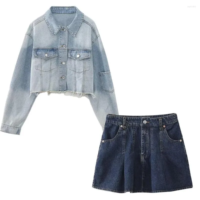 Fatos femininos 2023 moda charme picante menina denim botão de metal jaqueta curta retro manga longa casaco cintura alta shorts conjunto