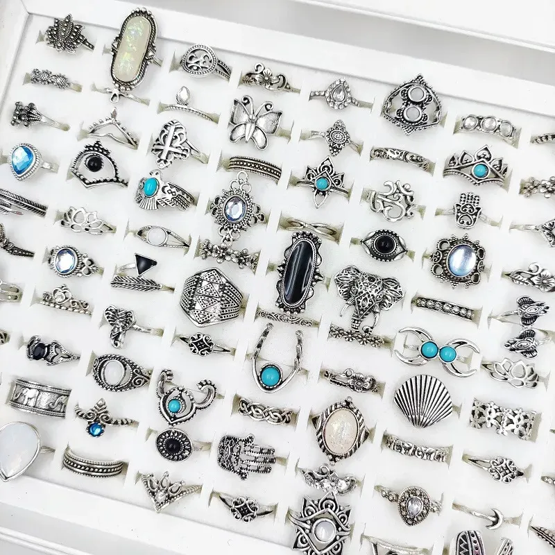 Conjuntos de jóias de casamento 50 pçs / lote Bohemia anéis para mulheres estilo misto antigo liga prateada anel de dedo festa charme presentes atacado 231009